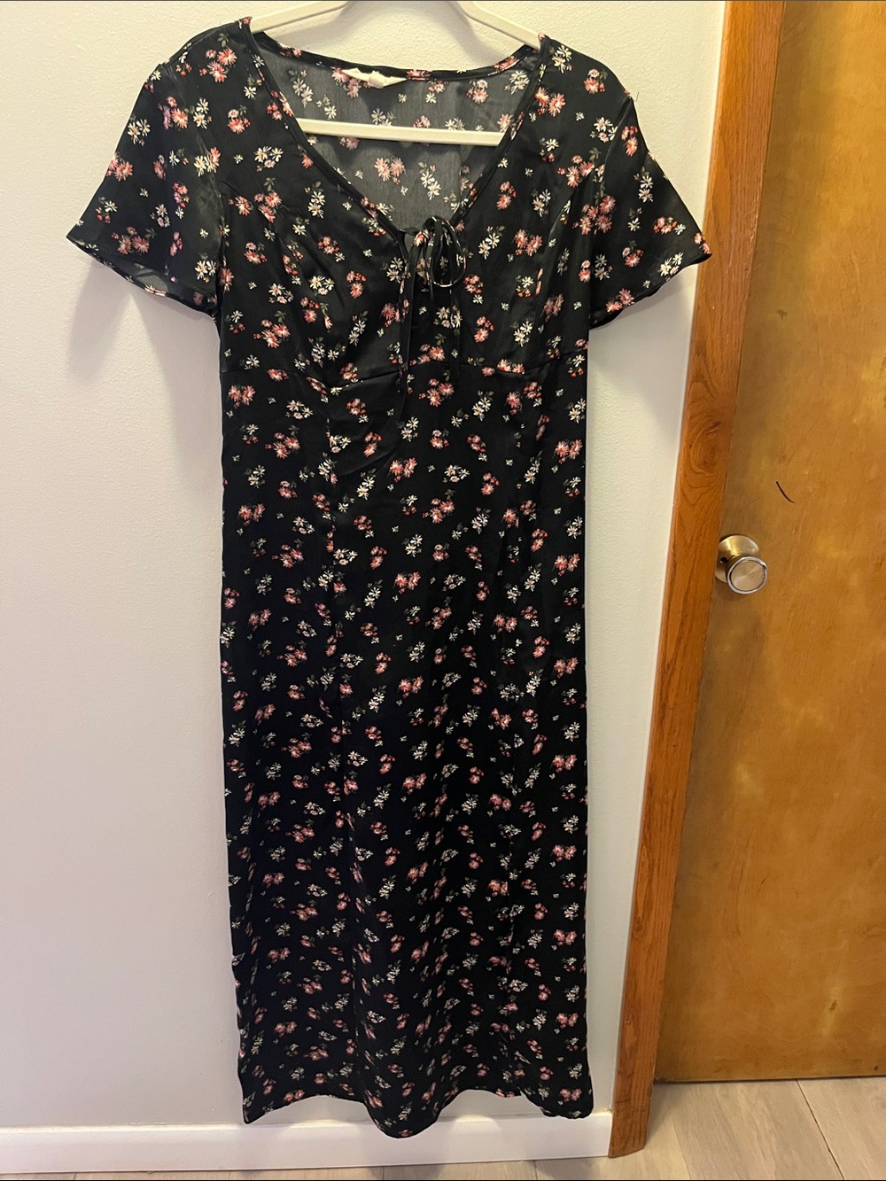 Lucky Brand Black Maxi Dress with Pink Floral Print and Tie Neck